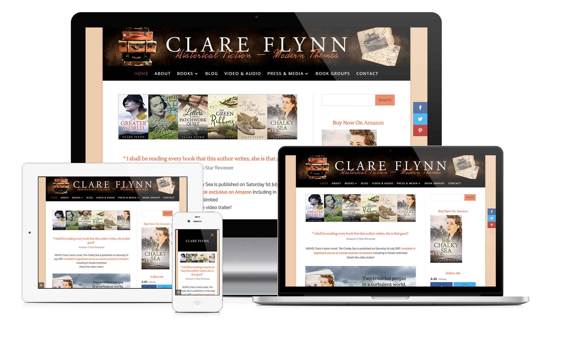image of the website clareflynn.co.uk as seen on different devices